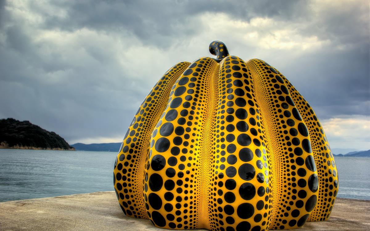 Yayoi Kusama's 'Pumpkin' artwork on Naoshima Island, Japan, in