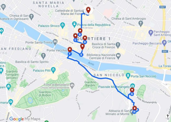 Florence In One Day Walking Map 649x462 