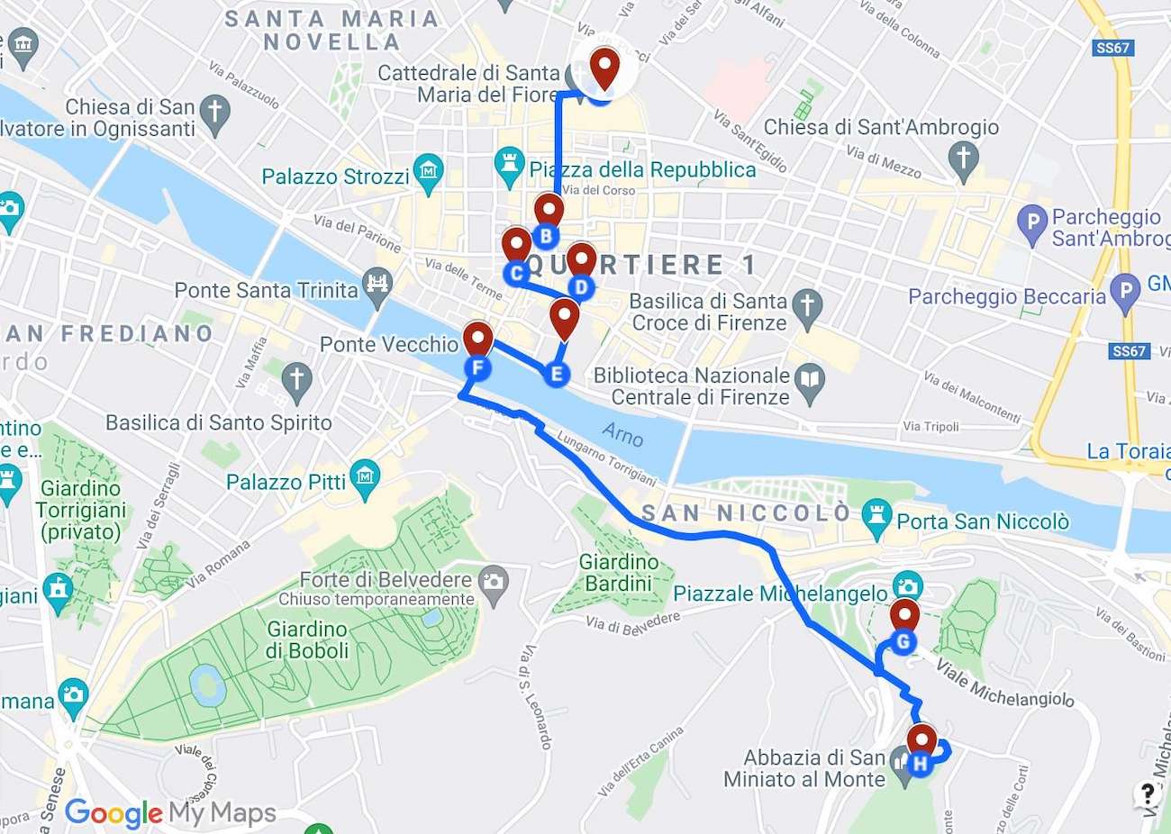 Florence In One Day Walking Map 